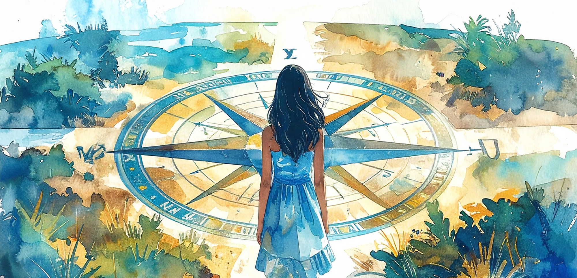 Une jeune femme vue de dos debout à un carrefour dans une nature luxuriante, avec plusieurs chemins qui divergent dans différentes directions, une grande rose des vents dessinée en filigrane sur le sol autour de la personne mais à peine visible comme un trésor caché, la personne est trop proche pour la voir