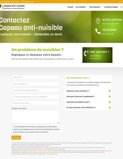 page CONTACT Site internet Gapeau anti-nuisible - Réalisation Mirobolus