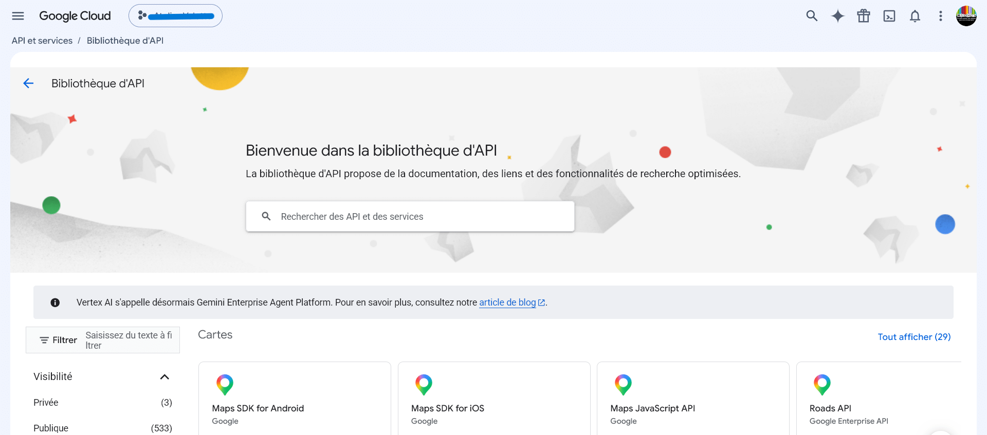 Ecran de recherche des services de Google Cloud à activer