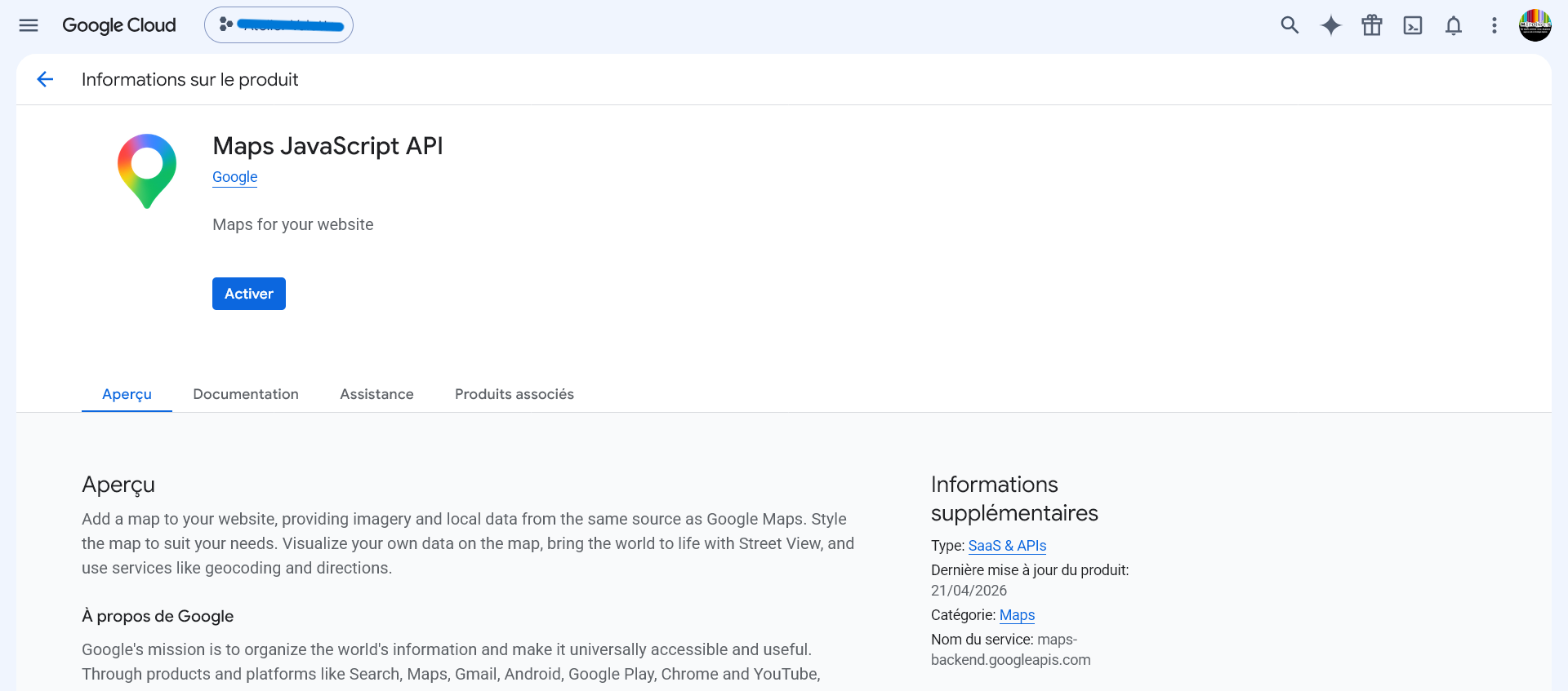 Étape d'activation de la Clé API de Google Cloud