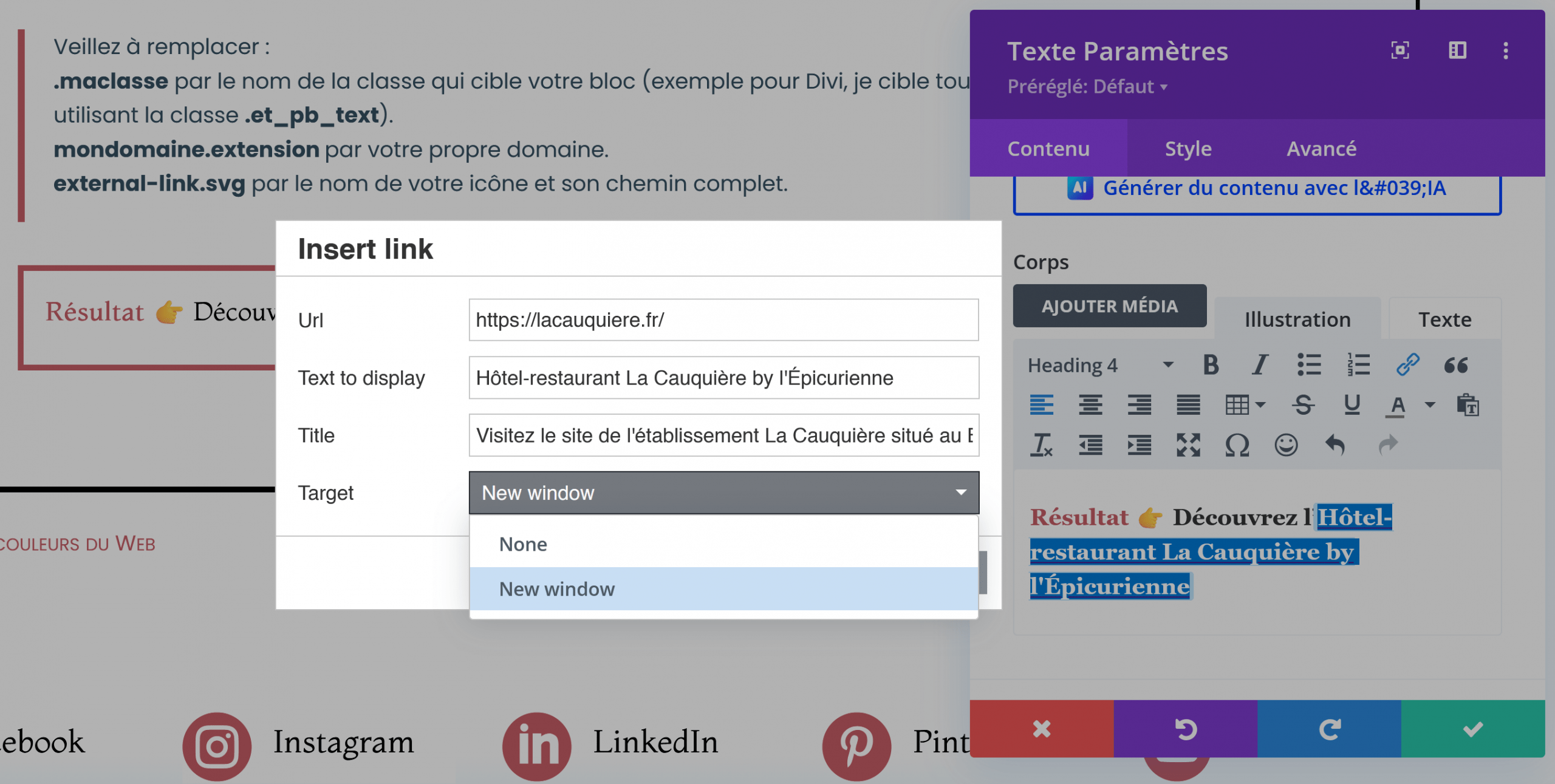 Réglage d'un lien hypertexte dans Divi : target=blank 