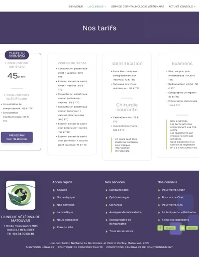 Clinique vétérinaire MATOUVAR : page Tarifs