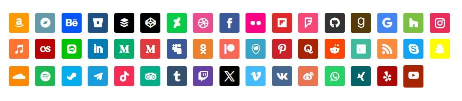 représentation des icônes des réseaux sociaux disponibles dans le module DIVI Réseaux sociaux