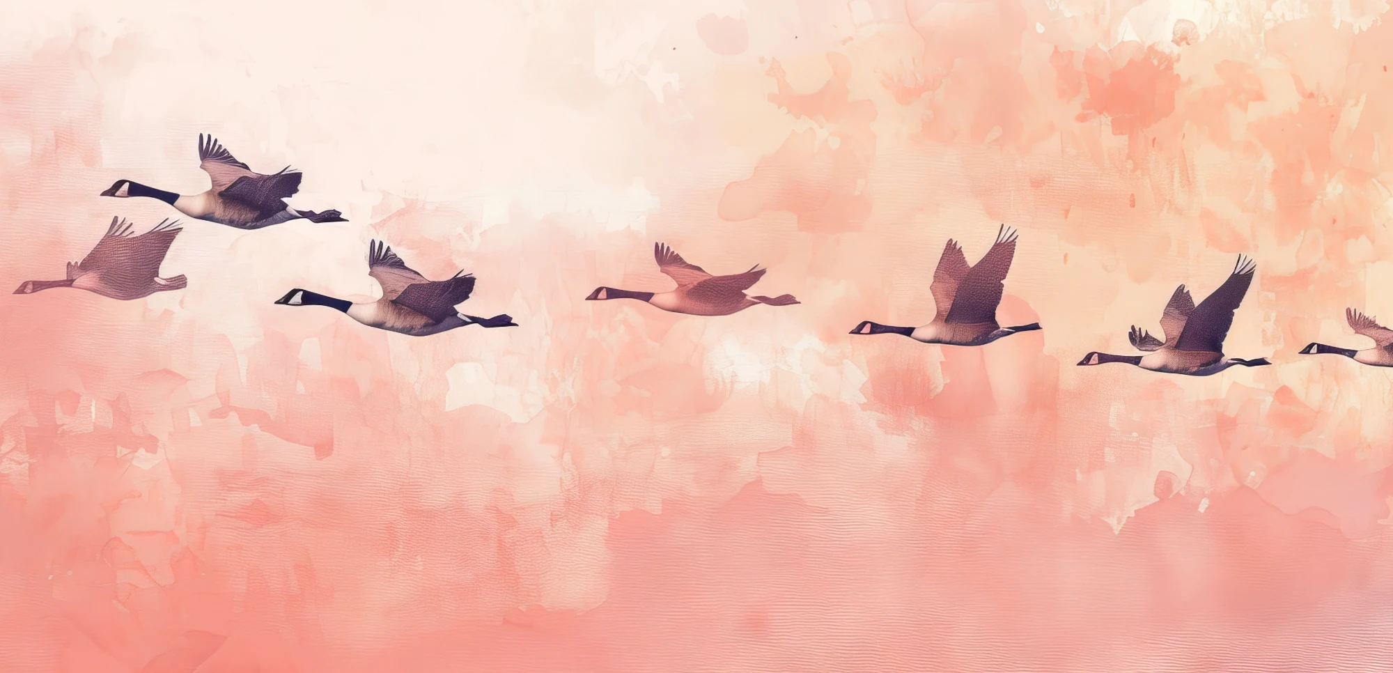 Vol de cigognes dans un ciel aquarelle rose