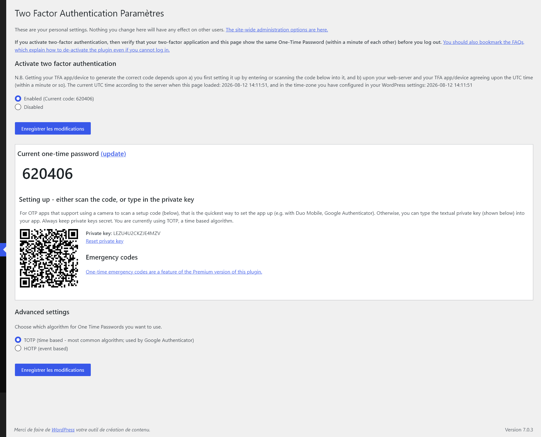 écran de AIOS pour double-authentification avec appli et qr-code