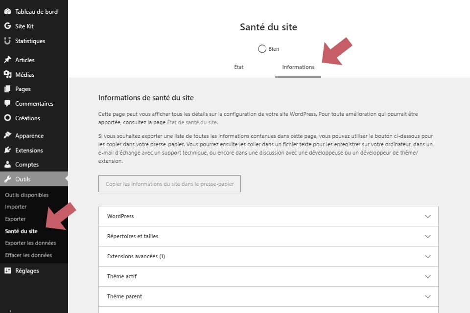 Faille PHP du 21 octobre : vérifiez votre site en 2 minutes Écran Santé du site de WordPress affichant la version de PHP du serveur
